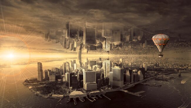 New York City with a mirror image of the city floating above it.