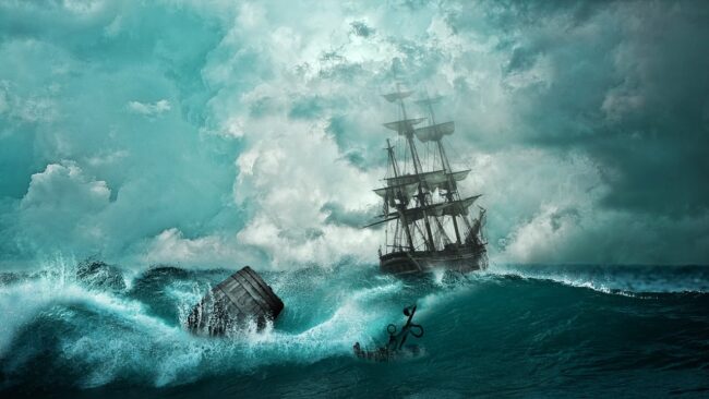 sailing ship caught in a storm