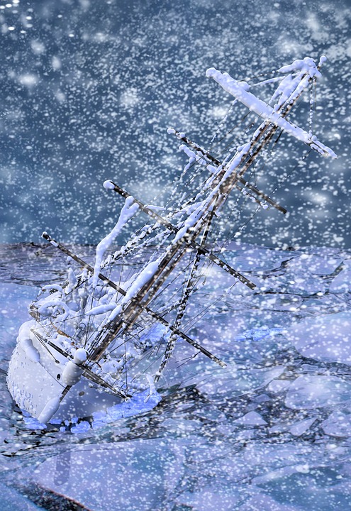 ship caught in a blizzard and leaning heavily to one side