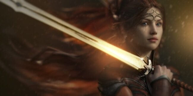 woman warrior looking at the viewer while holding a broadsword over one shoulder