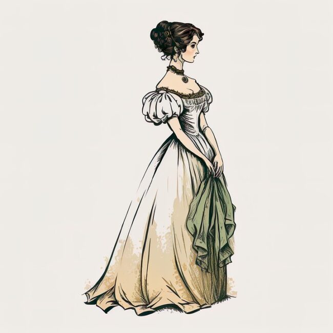 Drawing of a Regency woman dressed for a ball