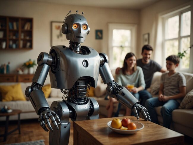 Robot approaching a table with a bowl of fruit while humans chatter in the background