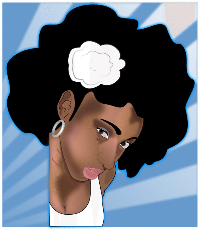 drawing of a black woman looking at the viewer with a big white flower in her afro
