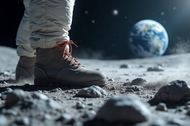 pair of boots on the moon with Earth in the background
